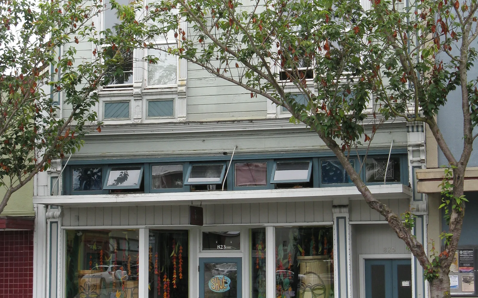 Historic Victorian-era commercial building in Arcata with ornate architectural details